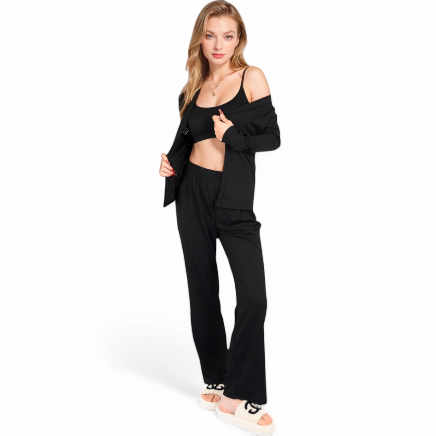 Anna-Kaci Women's Ribbed Knit Lounge Set with Open Front Cardigan, Bralette, and Wide-Leg Pants