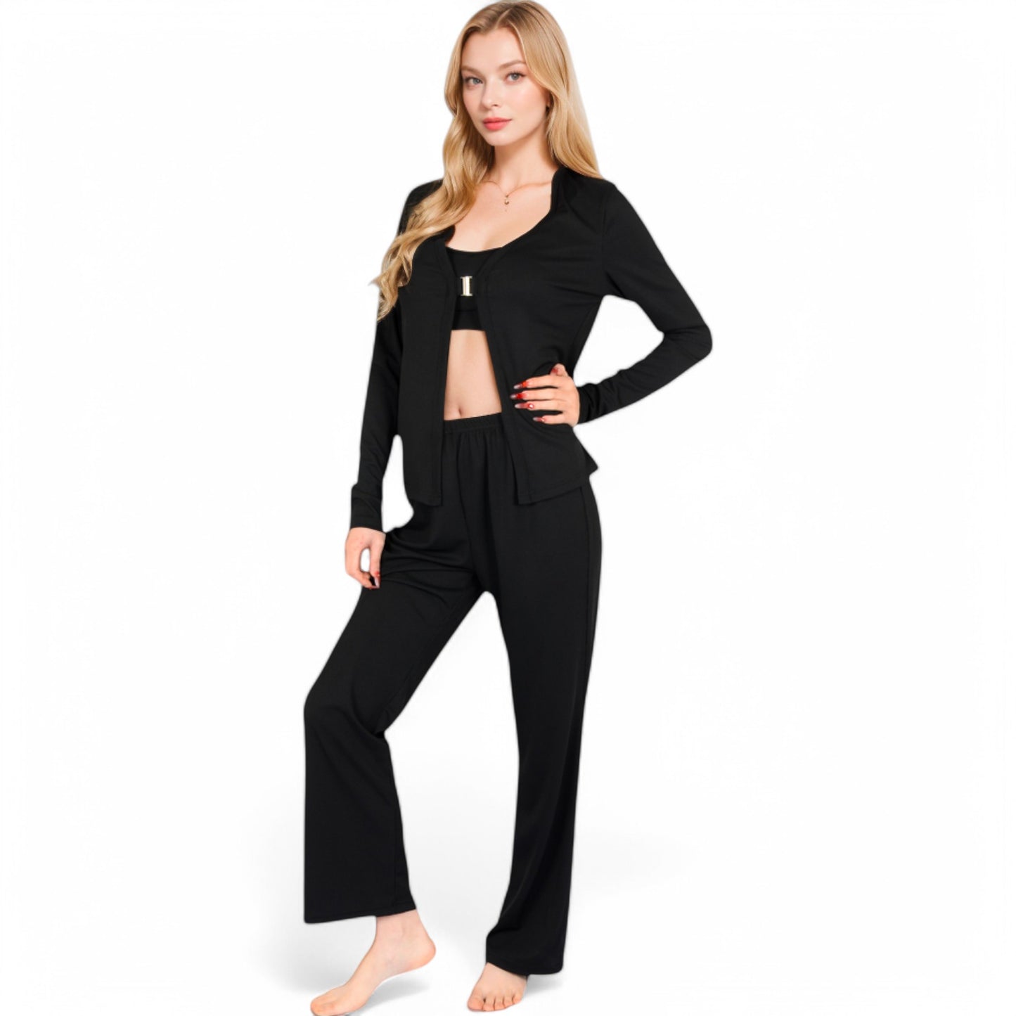 Anna-Kaci Women's Ribbed Knit Lounge Set with Open Front Cardigan, Bralette, and Wide-Leg Pants