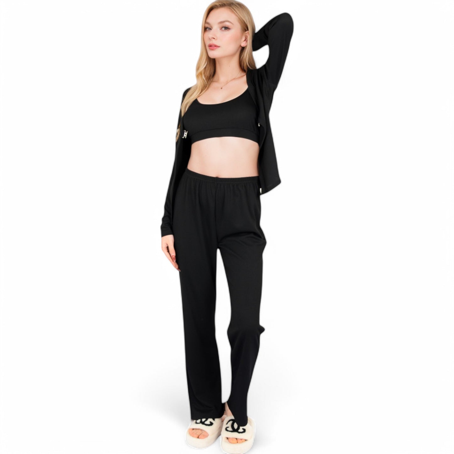 Anna-Kaci Women's Ribbed Knit Lounge Set with Open Front Cardigan, Bralette, and Wide-Leg Pants