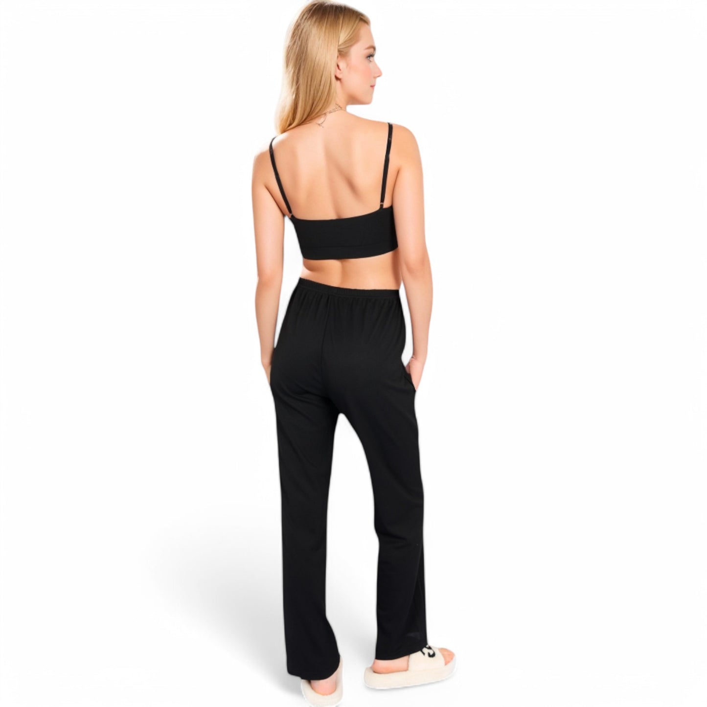 Anna-Kaci Women's Ribbed Knit Lounge Set with Open Front Cardigan, Bralette, and Wide-Leg Pants