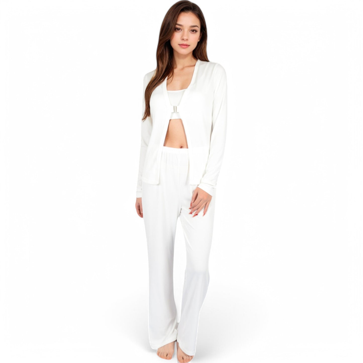 Anna-Kaci Women's Ribbed Knit Lounge Set with Open Front Cardigan, Bralette, and Wide-Leg Pants