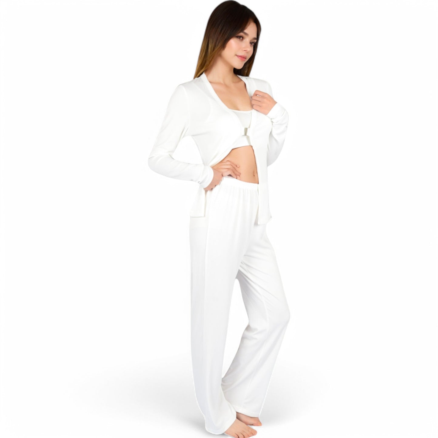 Anna-Kaci Women's Ribbed Knit Lounge Set with Open Front Cardigan, Bralette, and Wide-Leg Pants