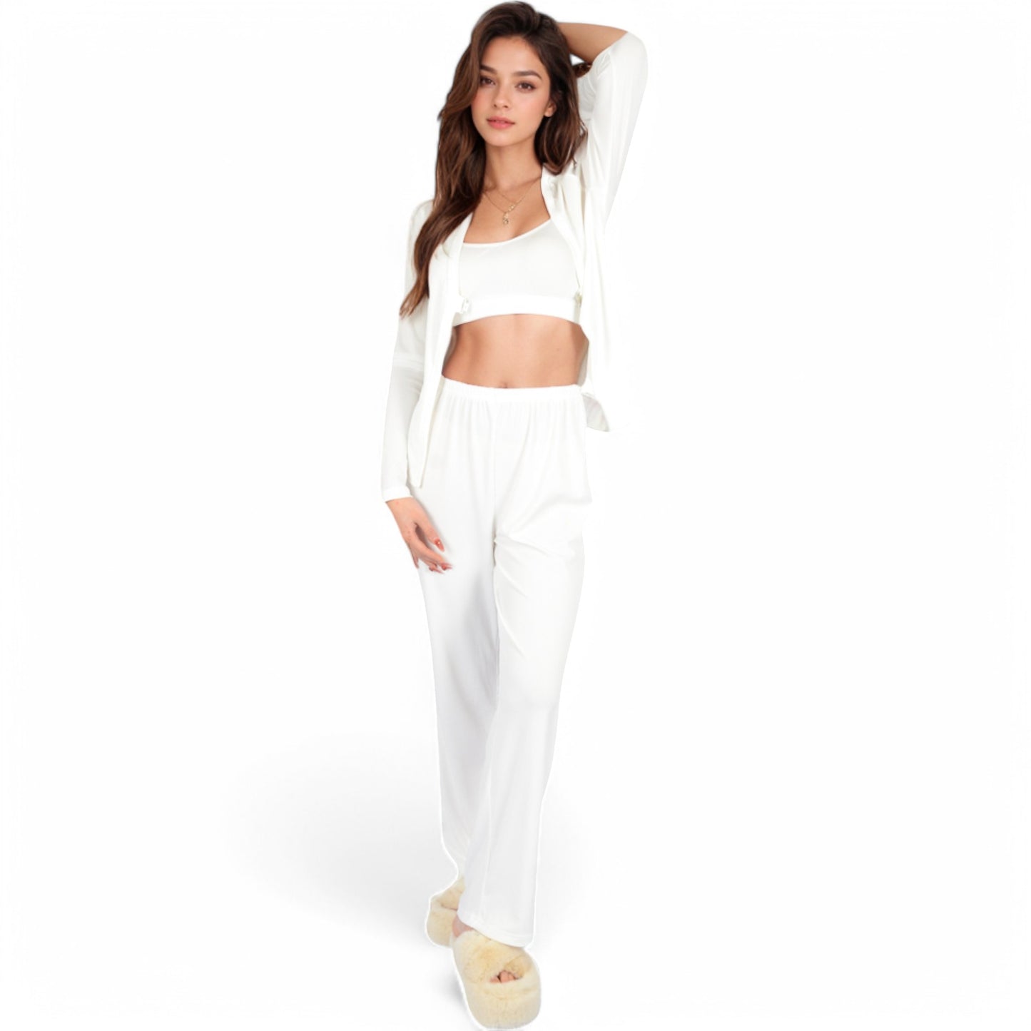 Anna-Kaci Women's Ribbed Knit Lounge Set with Open Front Cardigan, Bralette, and Wide-Leg Pants