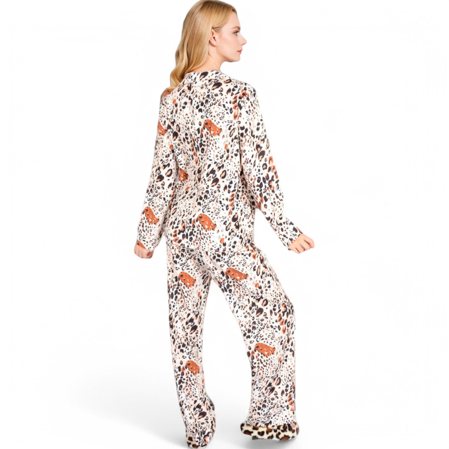 Anna-Kaci Women's Satin Leopard Print Lounge Set with Button-Up Top and Wide-Leg Pants