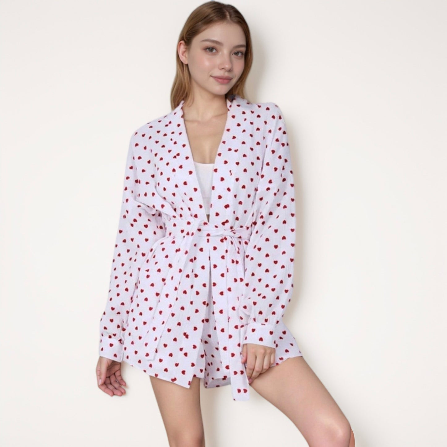 Anna-Kaci Lounge Women's Heart Print Long Sleeve Robe with Matching Belted Waist and Relaxed Fit