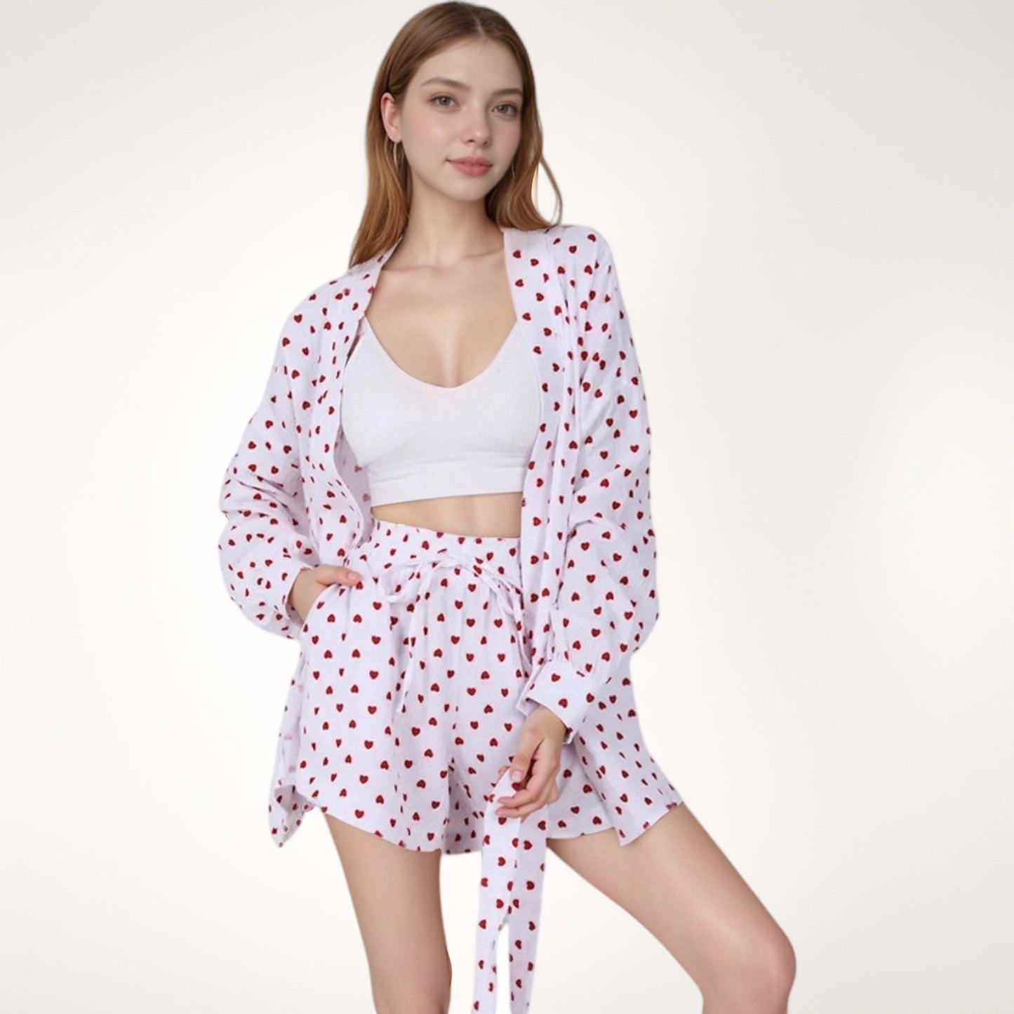 Anna-Kaci Lounge Women's Heart Print Long Sleeve Robe with Matching Belted Waist and Relaxed Fit