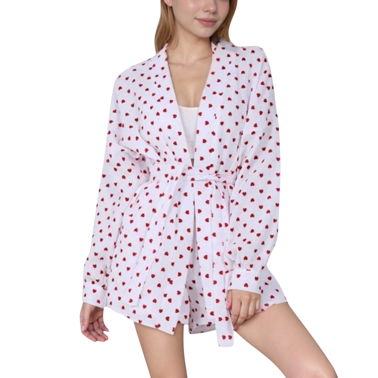 Anna-Kaci Lounge Women's Heart Print Long Sleeve Robe with Matching Belted Waist and Relaxed Fit