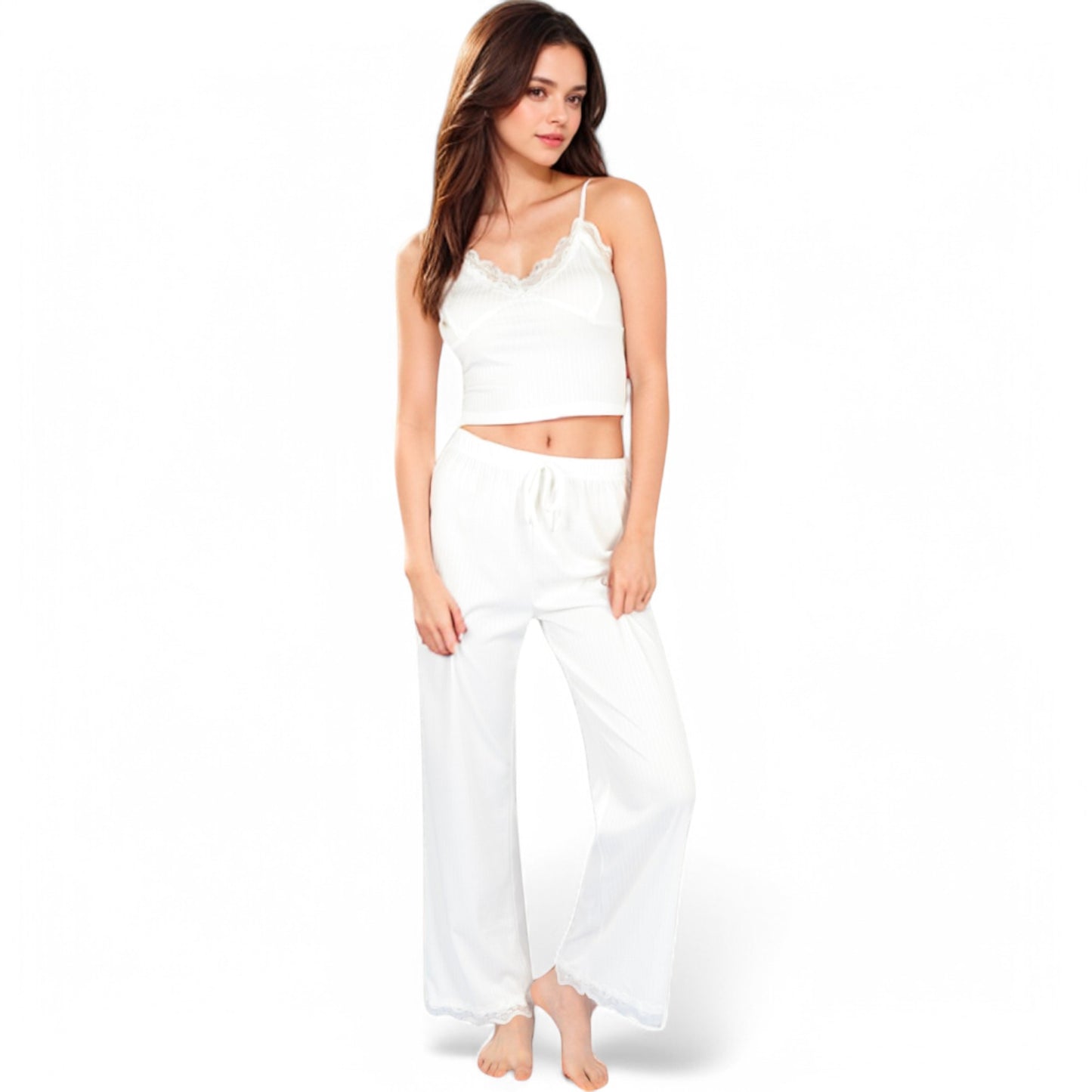 Anna-Kaci Women's Lace Trim Ribbed Knit Pajama Set with Adjustable Drawstring