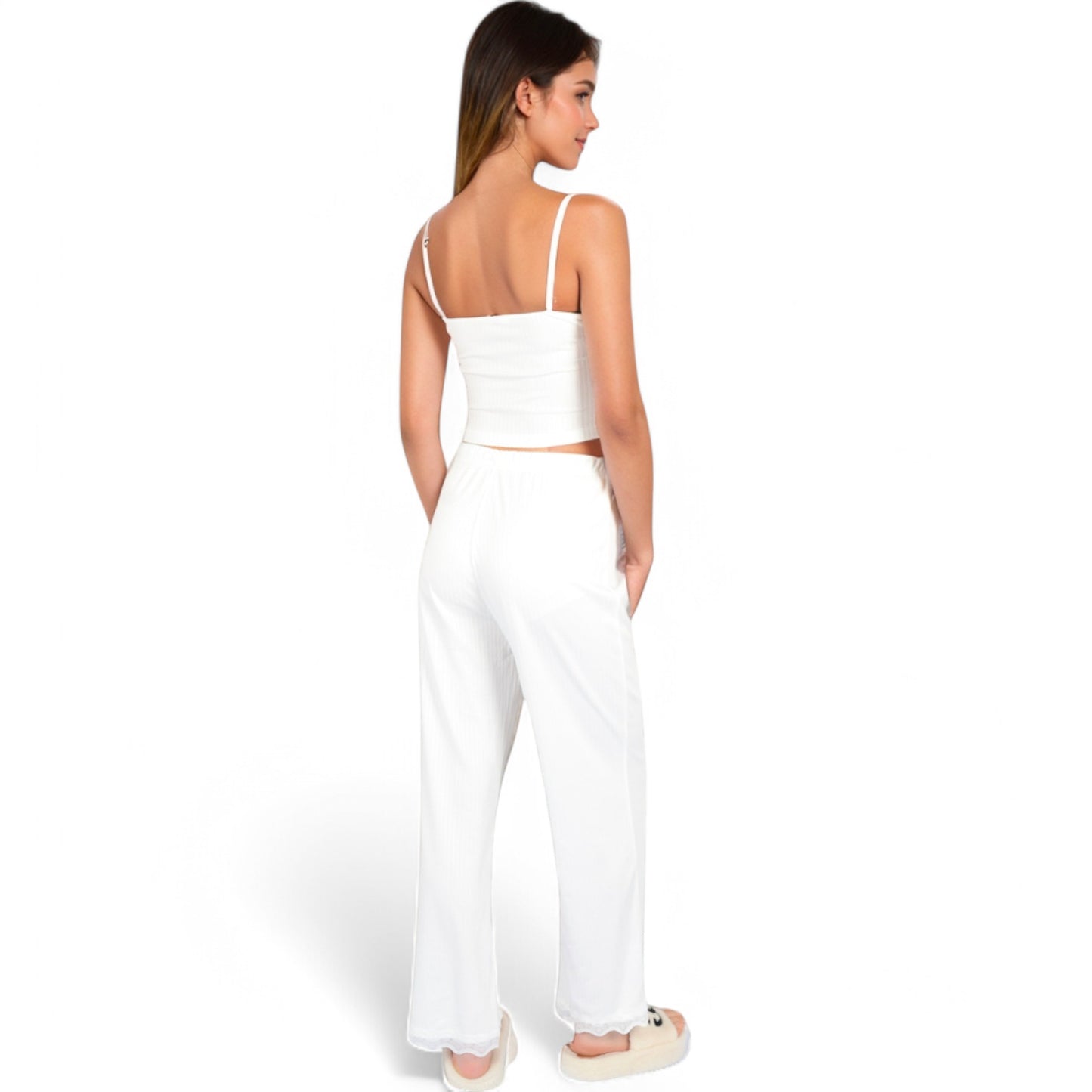 Anna-Kaci Women's Lace Trim Ribbed Knit Pajama Set with Adjustable Drawstring