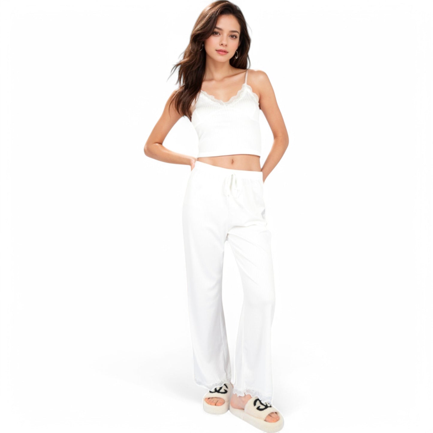 Anna-Kaci Women's Lace Trim Ribbed Knit Pajama Set with Adjustable Drawstring