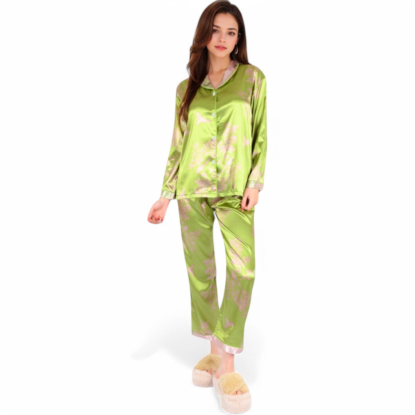 Anna-Kaci Women's Satin Bamboo Print Pajama Set with Contrast Trim