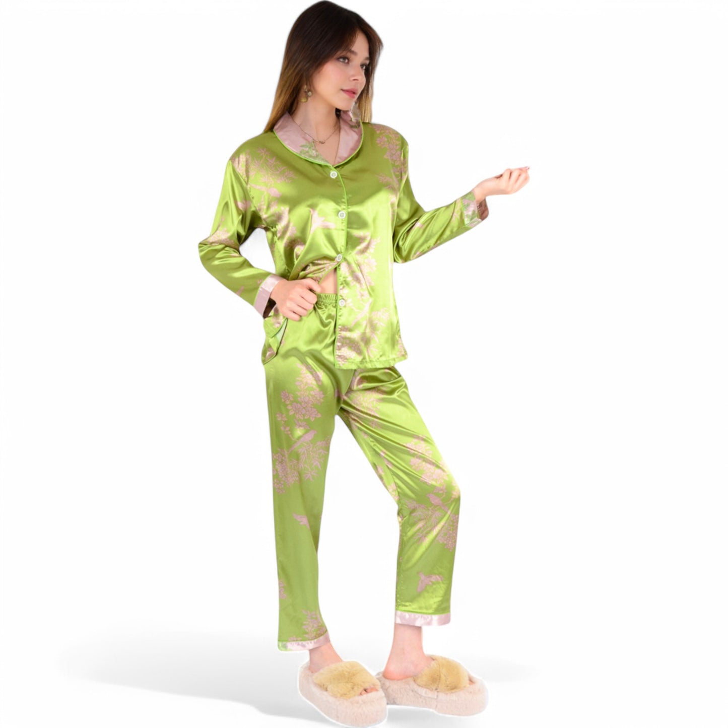 Anna-Kaci Women's Satin Bamboo Print Pajama Set with Contrast Trim