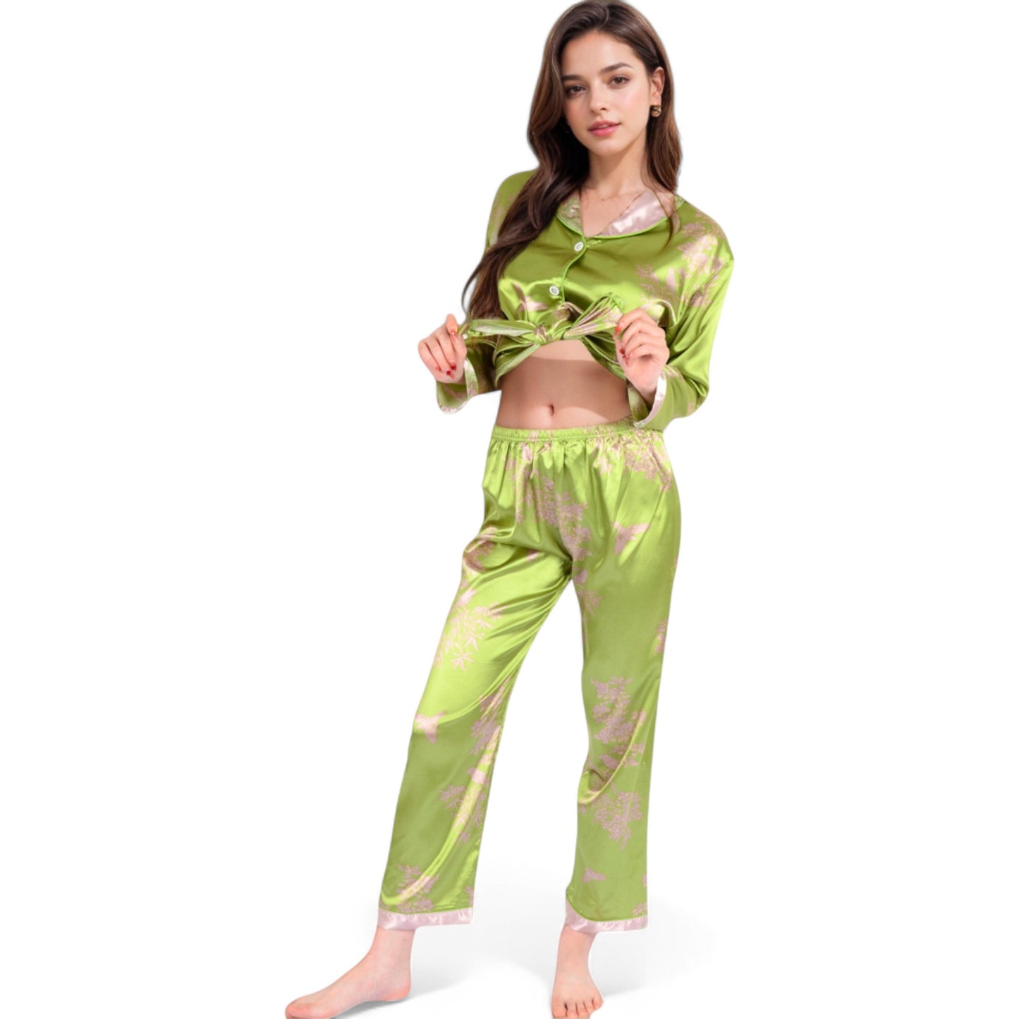 Anna-Kaci Women's Satin Bamboo Print Pajama Set with Contrast Trim