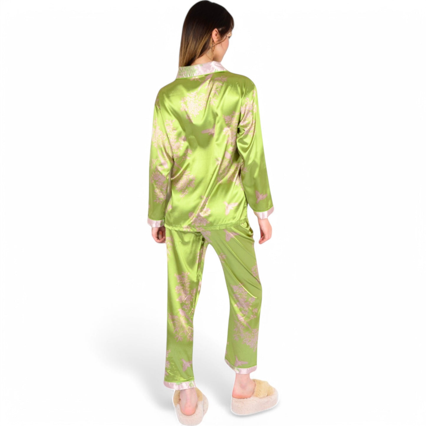 Anna-Kaci Women's Satin Bamboo Print Pajama Set with Contrast Trim