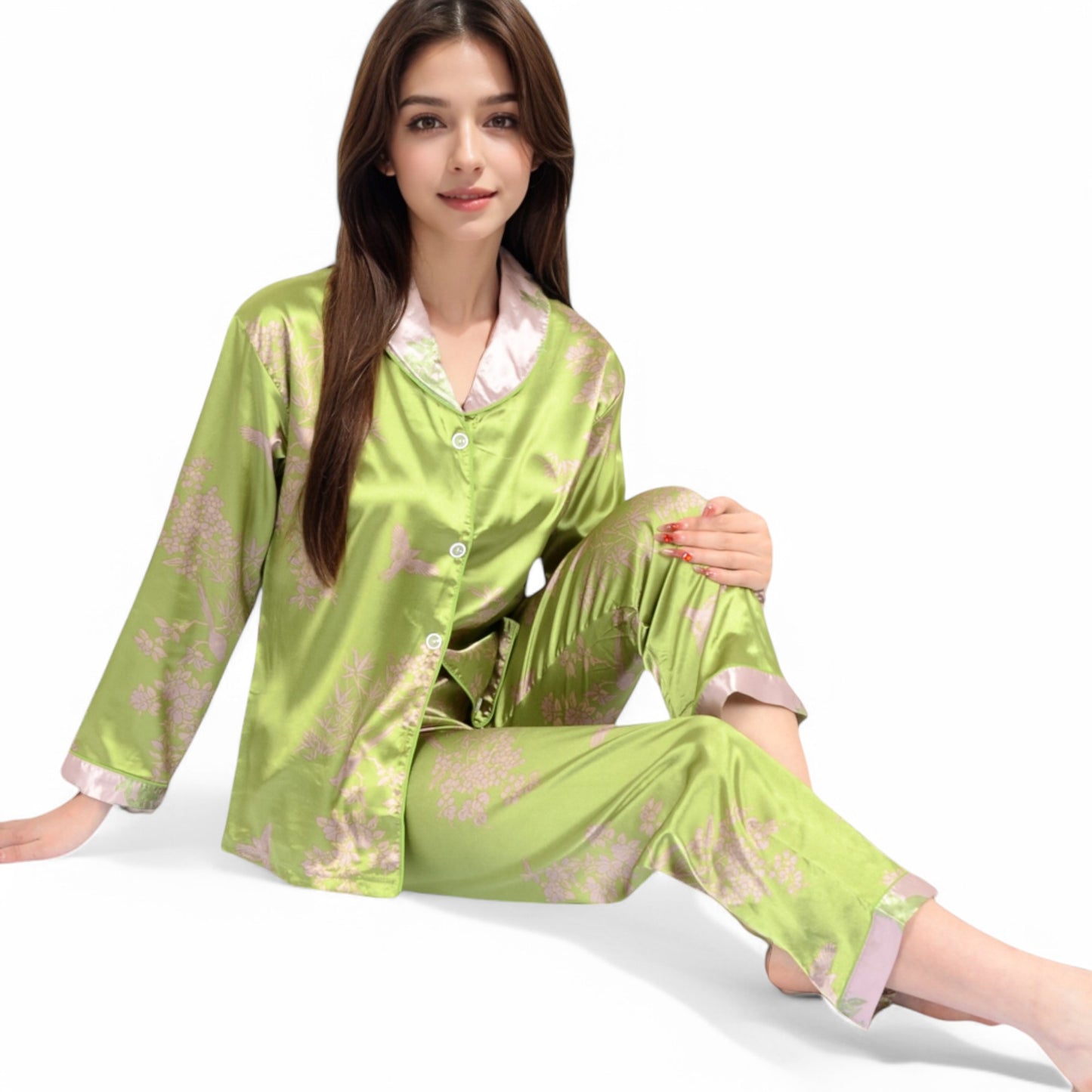 Anna-Kaci Women's Satin Bamboo Print Pajama Set with Contrast Trim