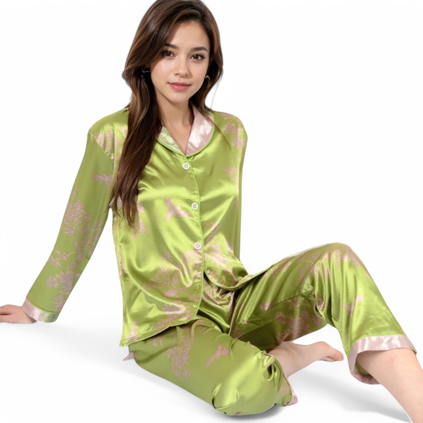 Anna-Kaci Women's Satin Bamboo Print Pajama Set with Contrast Trim