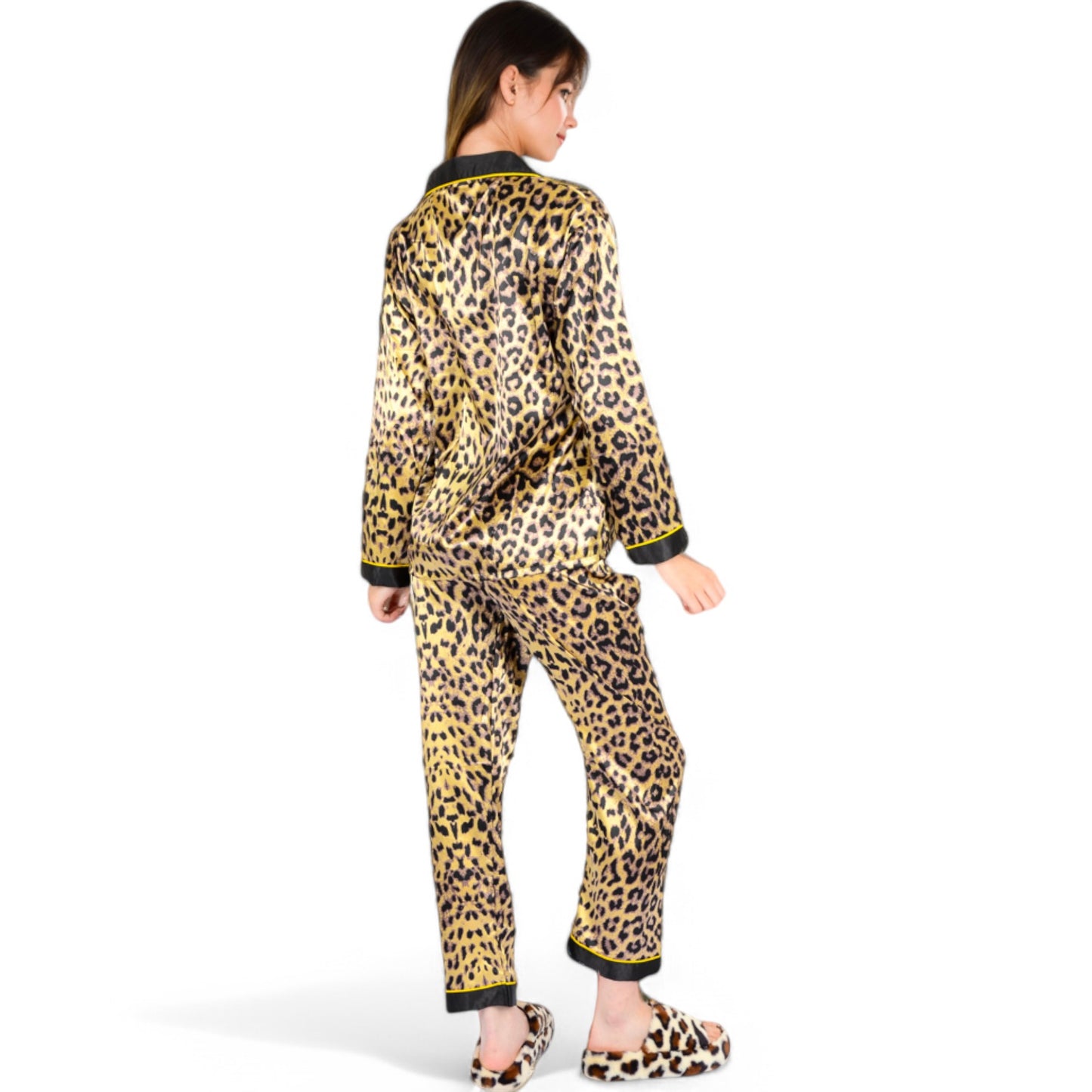Anna-Kaci Women's Satin Leopard Print Pajama Set with Button-Down Top