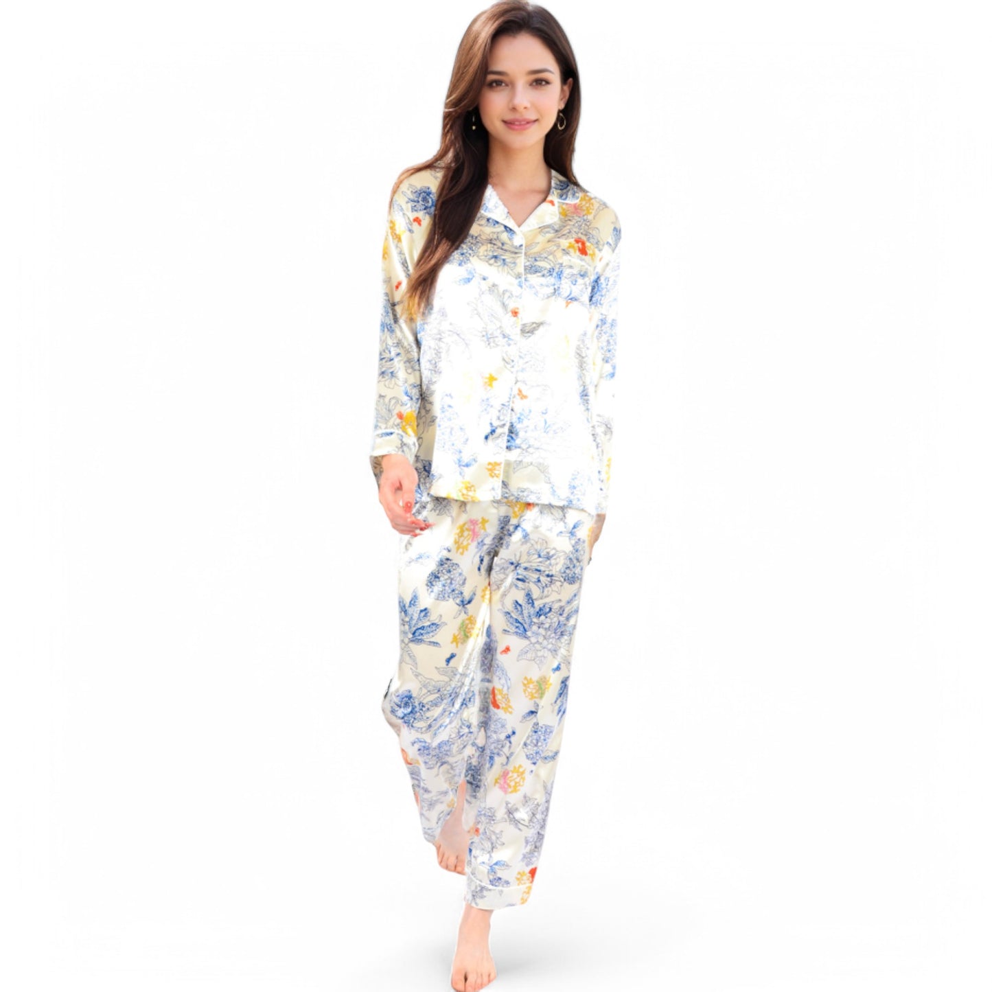 Anna-Kaci Women's Botanical Print Satin Pajama Set with Button-Up Top and Long Pants