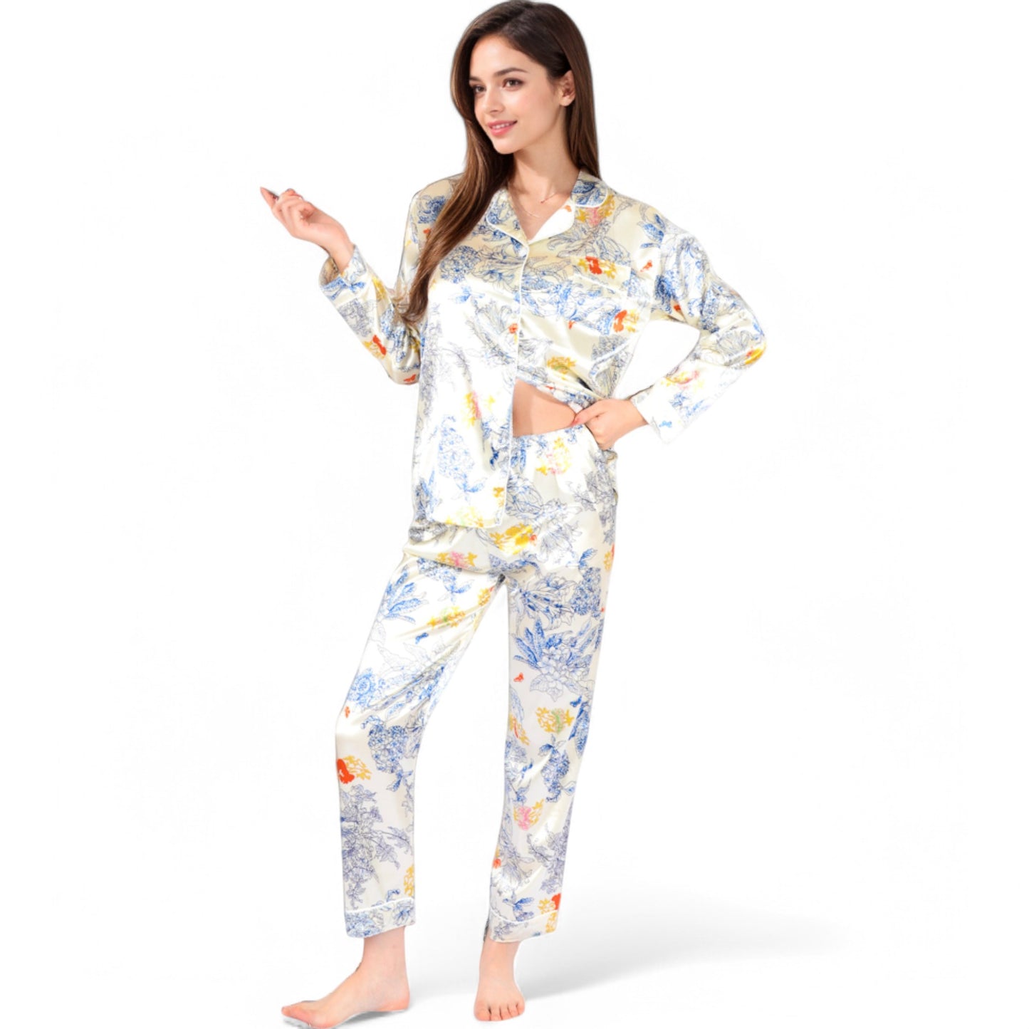 Anna-Kaci Women's Botanical Print Satin Pajama Set with Button-Up Top and Long Pants