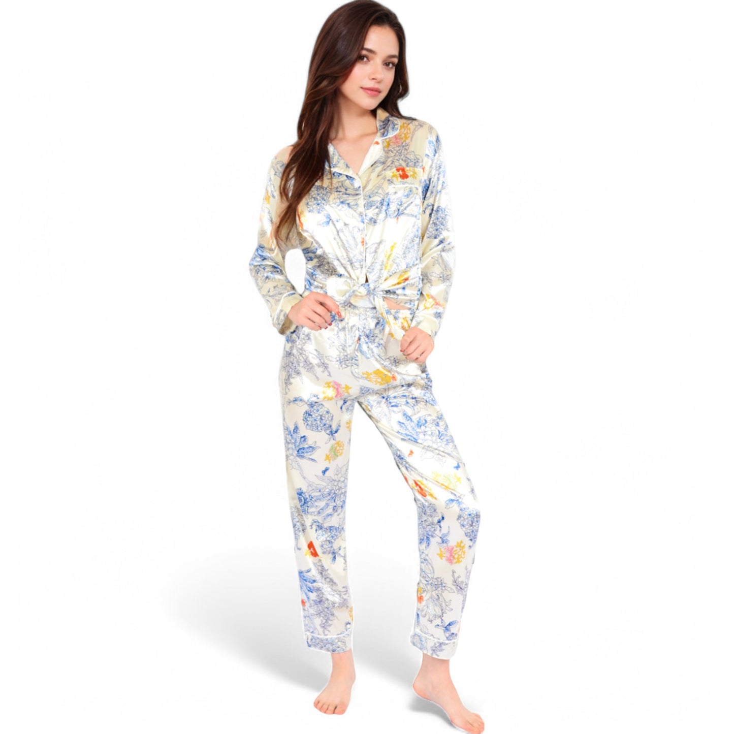 Anna-Kaci Women's Botanical Print Satin Pajama Set with Button-Up Top and Long Pants
