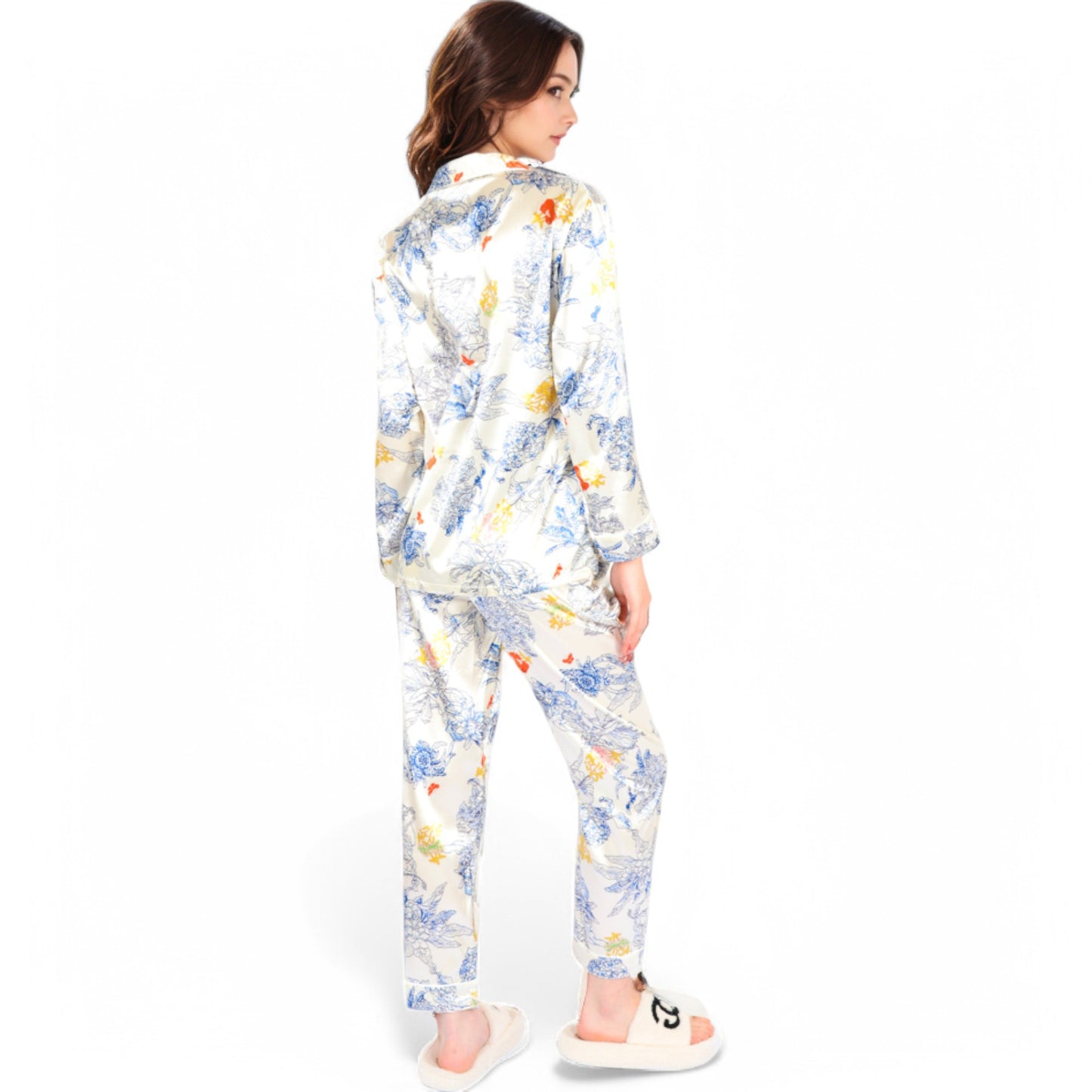 Anna-Kaci Women's Botanical Print Satin Pajama Set with Button-Up Top and Long Pants