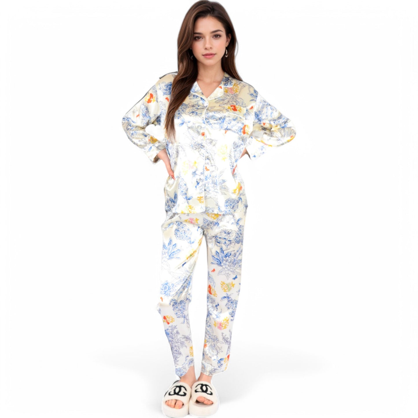 Anna-Kaci Women's Botanical Print Satin Pajama Set with Button-Up Top and Long Pants