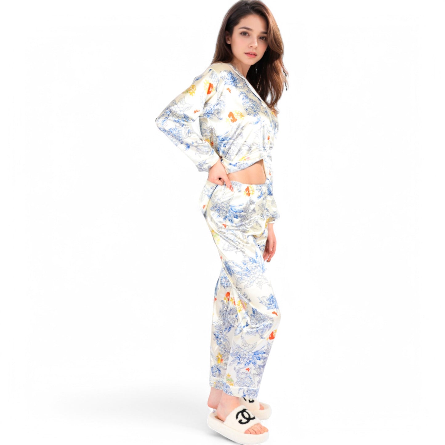 Anna-Kaci Women's Botanical Print Satin Pajama Set with Button-Up Top and Long Pants