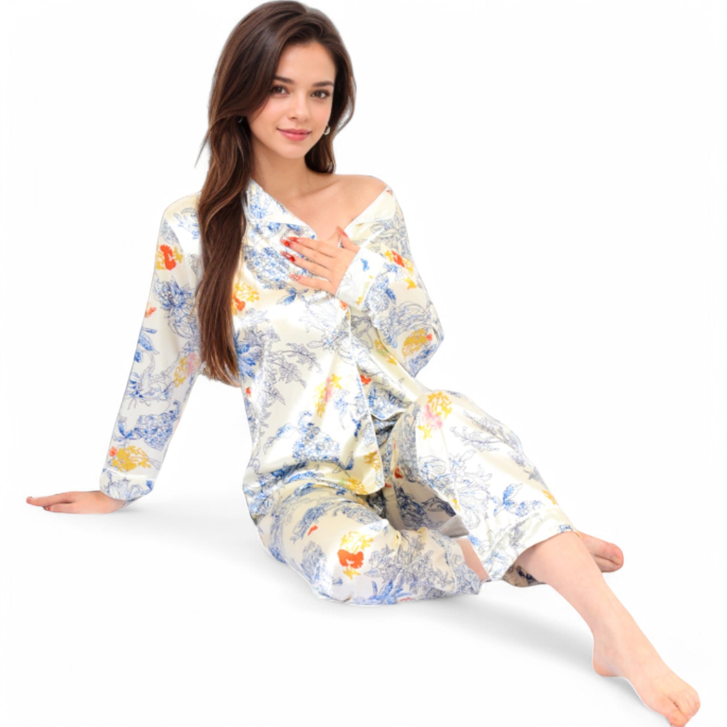 Anna-Kaci Women's Botanical Print Satin Pajama Set with Button-Up Top and Long Pants