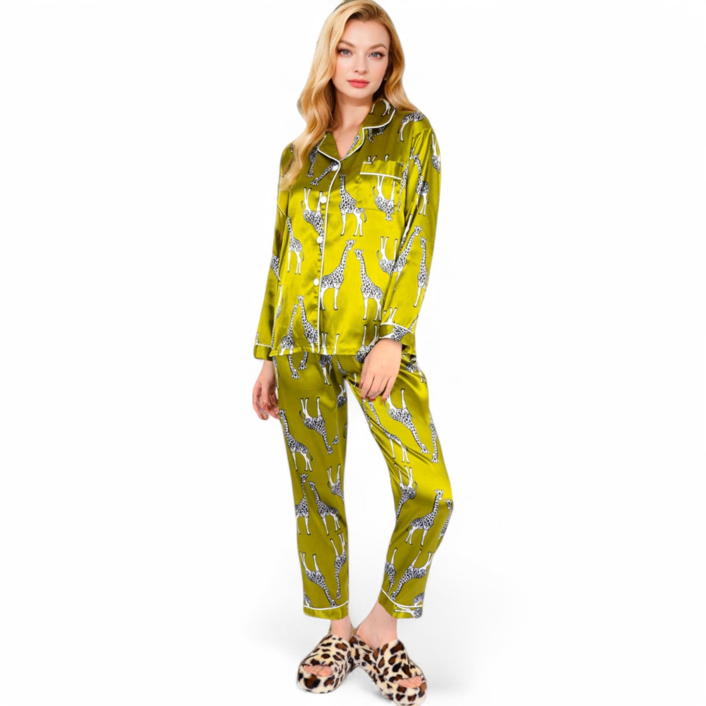 Anna-Kaci Women's Satin Pajama Set with Giraffe Print and Button-Down Top