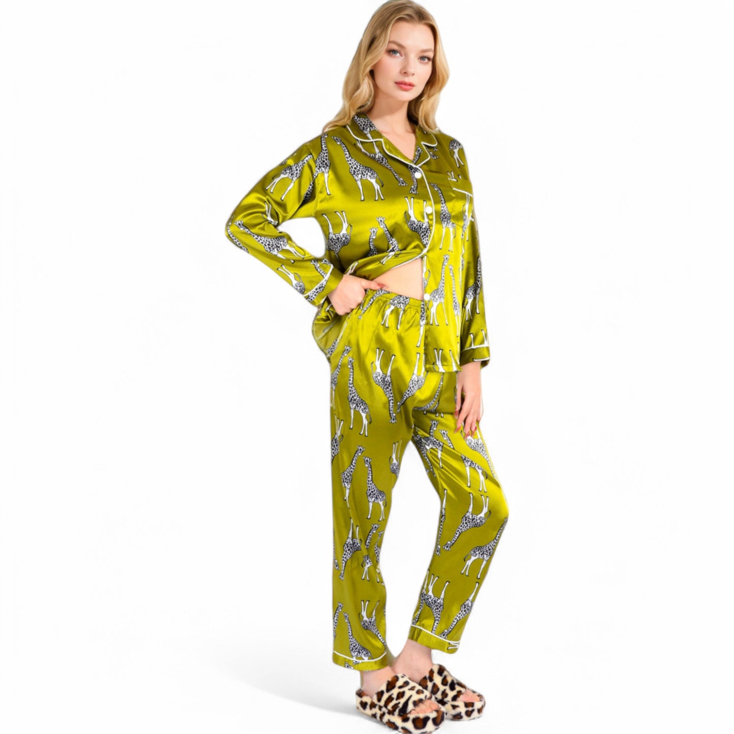 Anna-Kaci Women's Satin Pajama Set with Giraffe Print and Button-Down Top