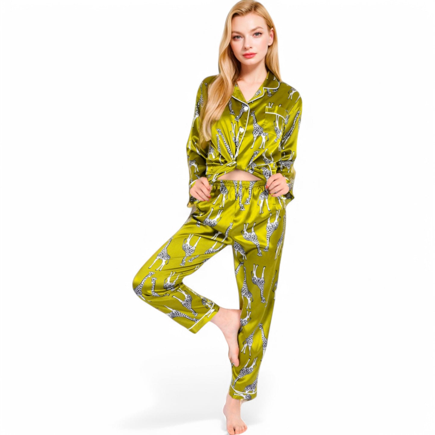 Anna-Kaci Women's Satin Pajama Set with Giraffe Print and Button-Down Top