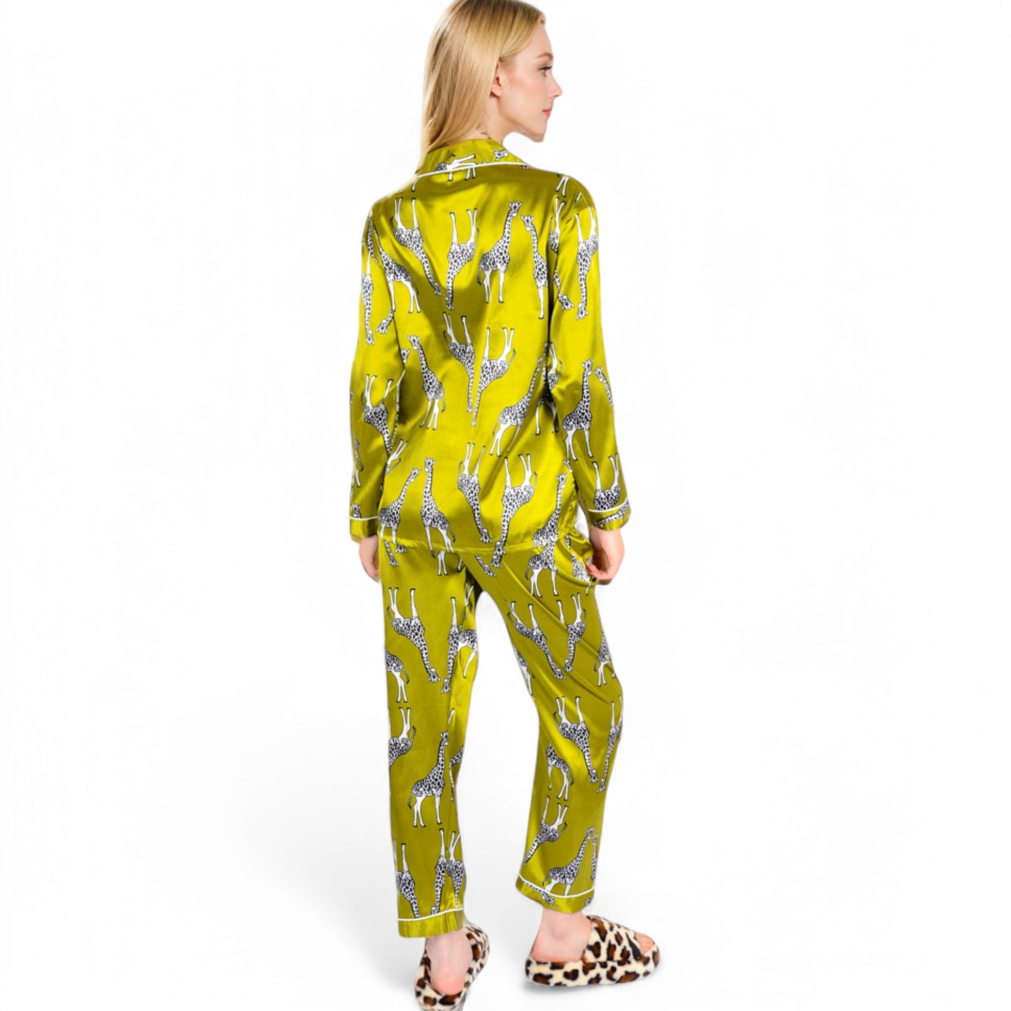 Anna-Kaci Women's Satin Pajama Set with Giraffe Print and Button-Down Top
