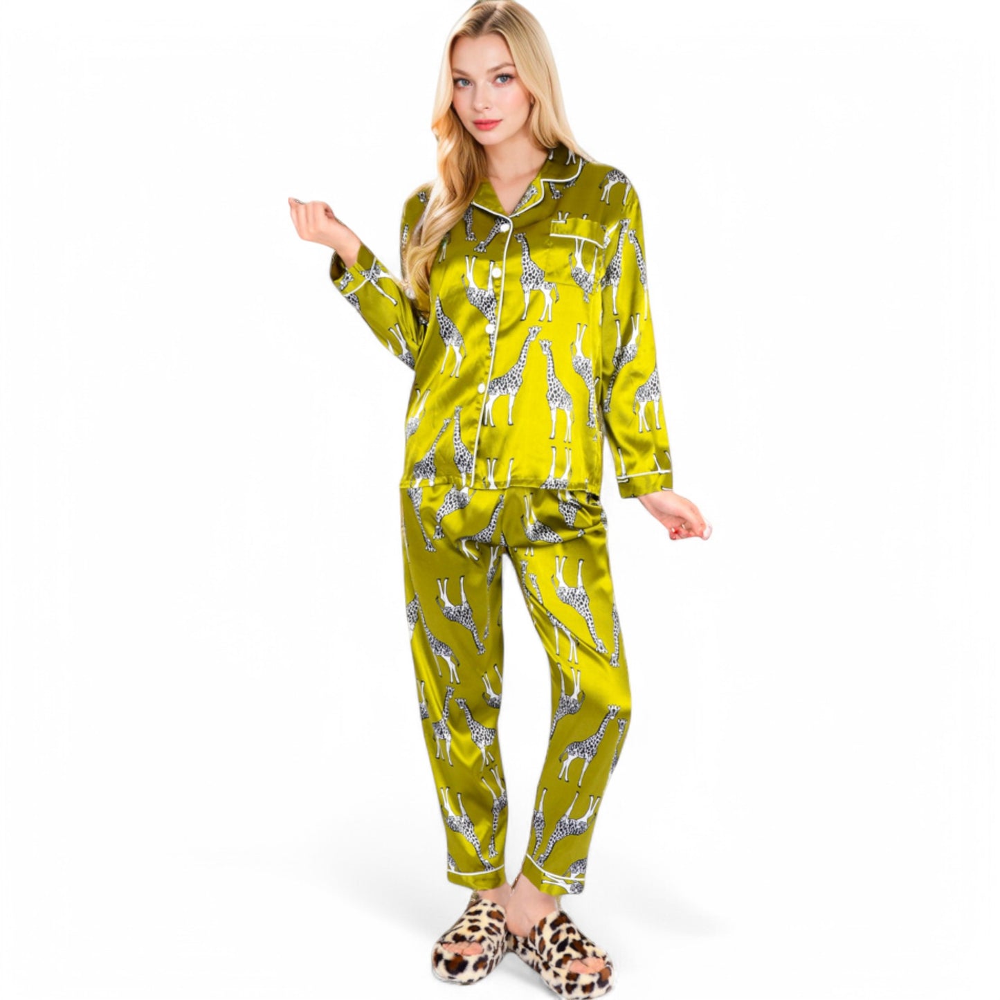 Anna-Kaci Women's Satin Pajama Set with Giraffe Print and Button-Down Top