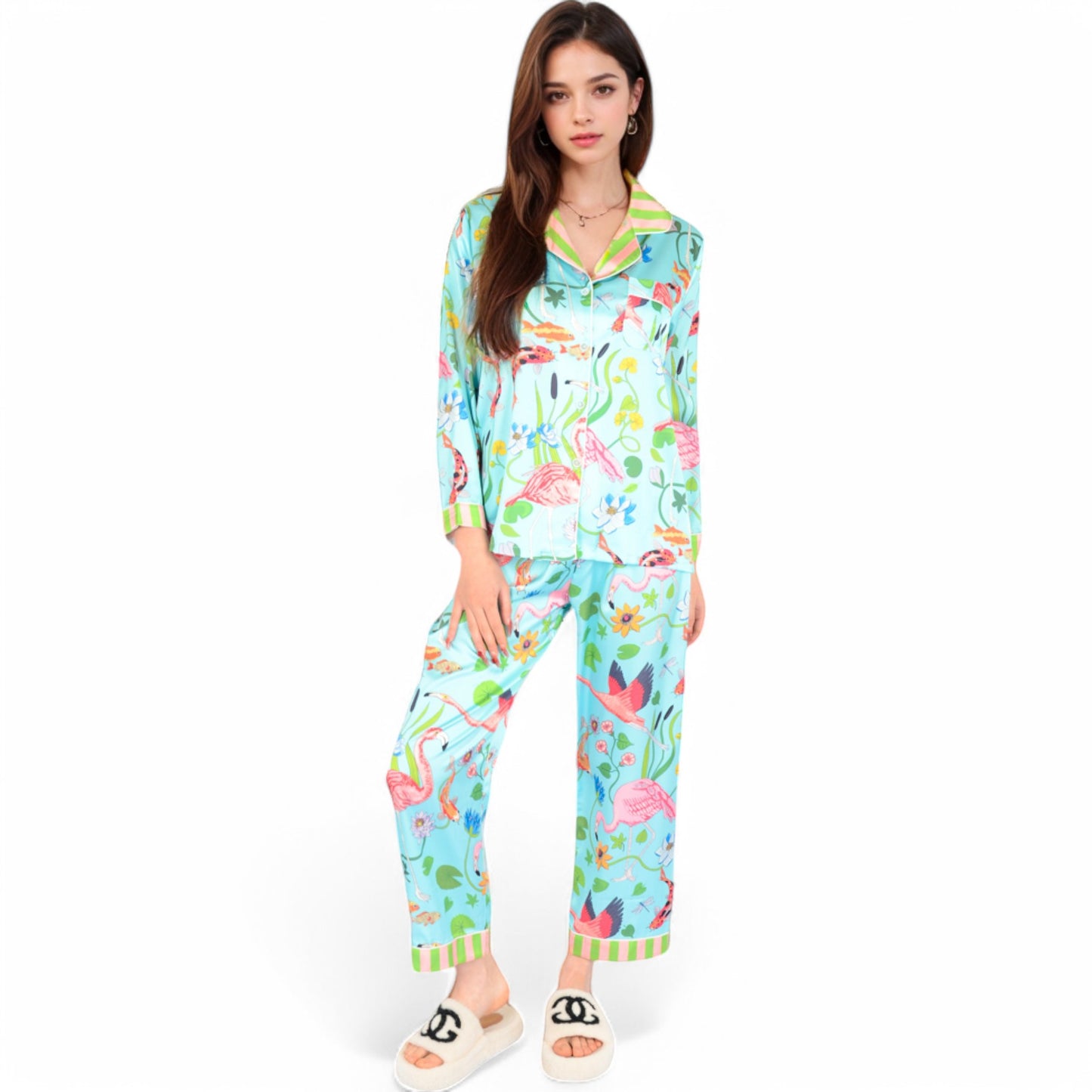 Anna-Kaci Women's Satin Pajama Set with Tropical Flamingo Print and Waist Tie- Light Blue,Small