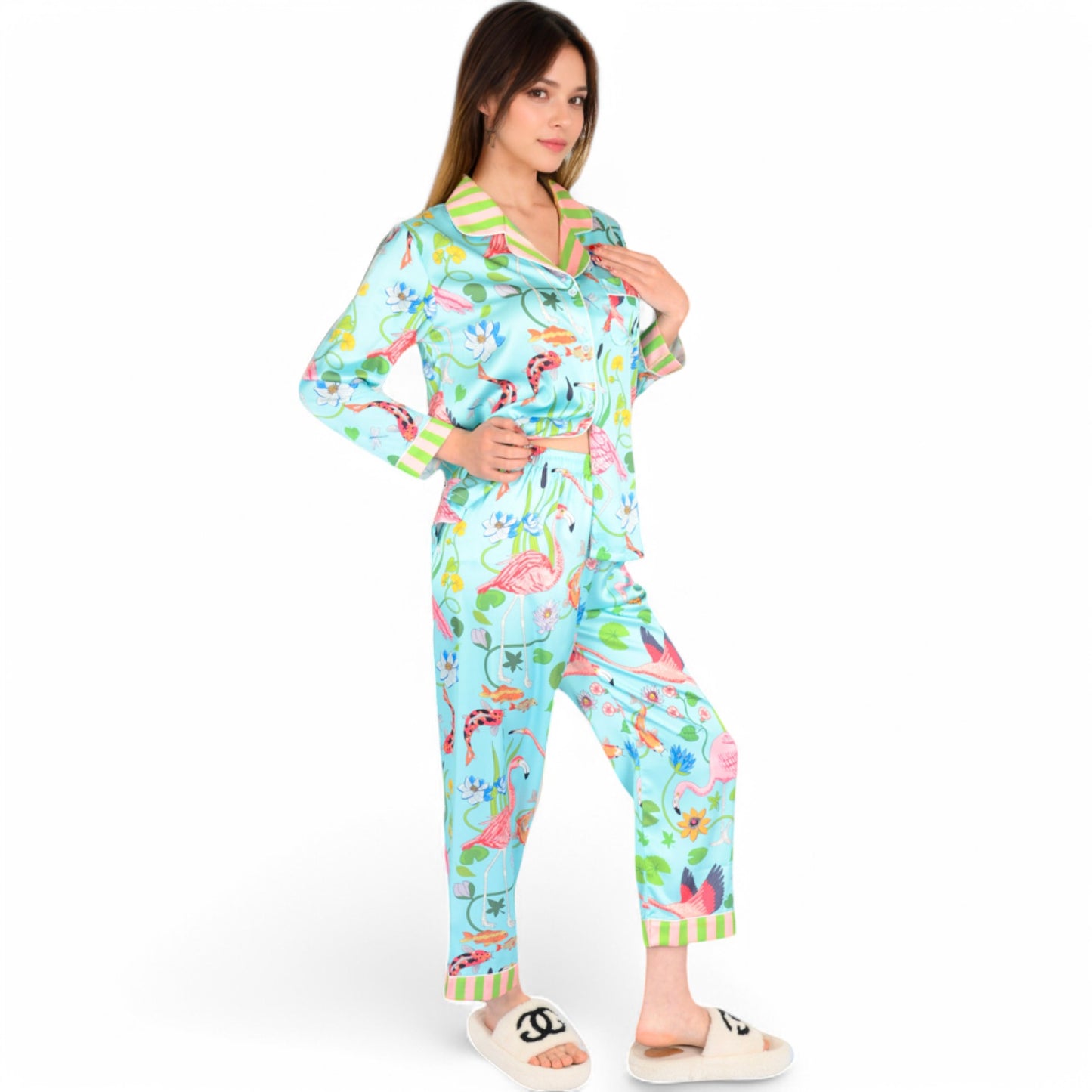 Anna-Kaci Women's Satin Pajama Set with Tropical Flamingo Print and Waist Tie- Light Blue,Small