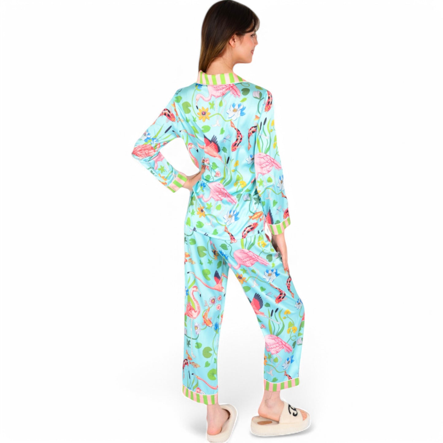 Anna-Kaci Women's Satin Pajama Set with Tropical Flamingo Print and Waist Tie- Light Blue,Small