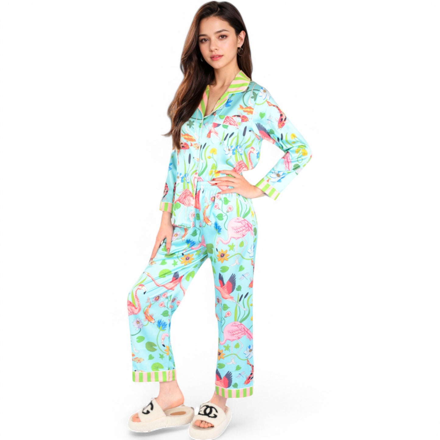 Anna-Kaci Women's Satin Pajama Set with Tropical Flamingo Print and Waist Tie- Light Blue,Small