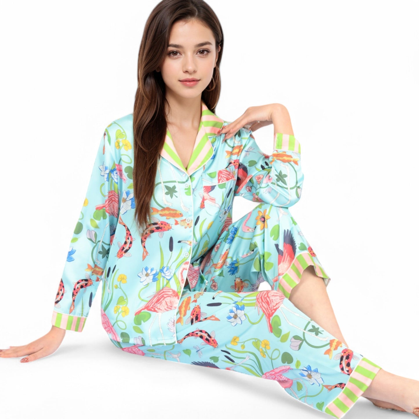 Anna-Kaci Women's Satin Pajama Set with Tropical Flamingo Print and Waist Tie- Light Blue,Small