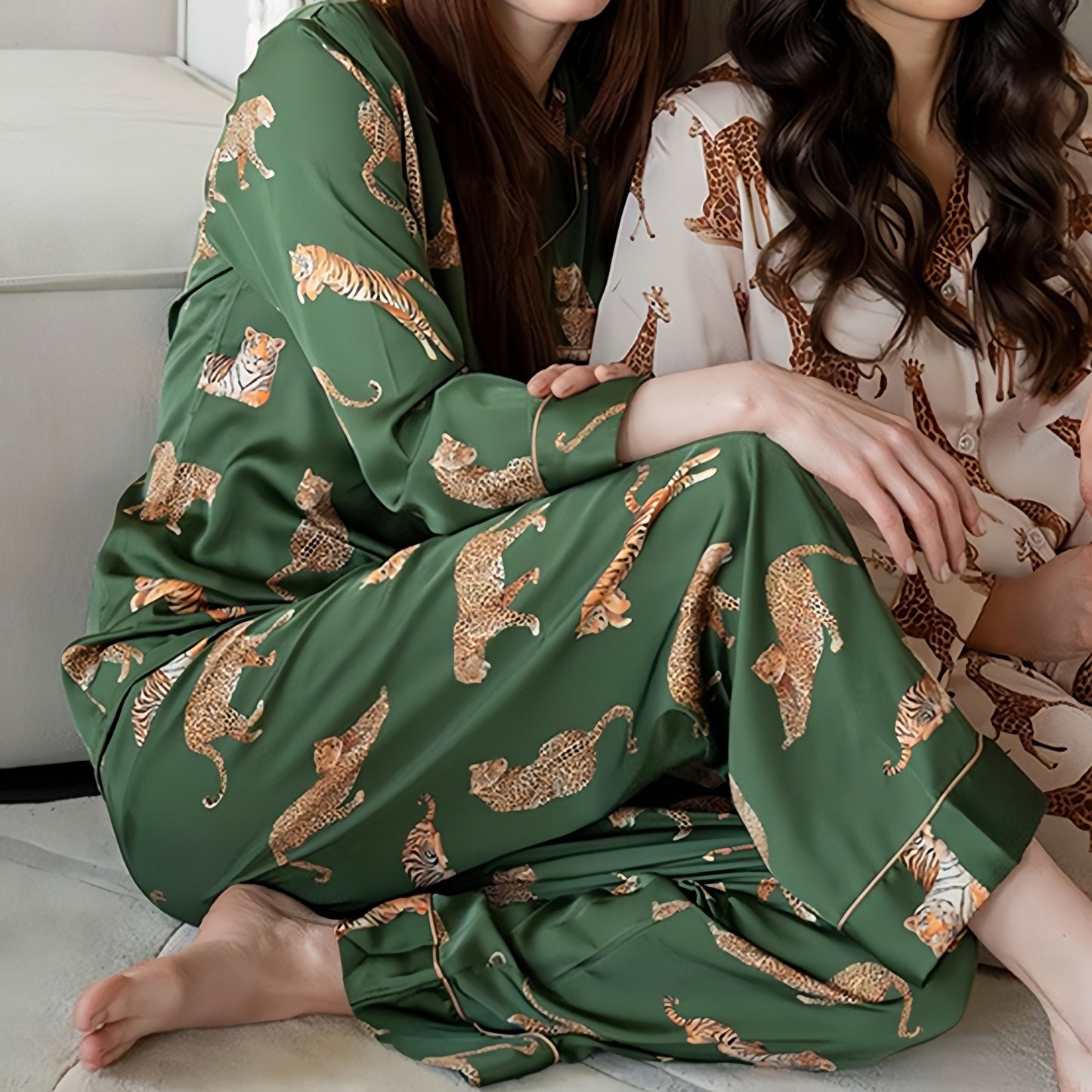Anna-Kaci Lounge Women's Long Sleeve Button Front Pajama Set with Tiger Print and Satin Finish