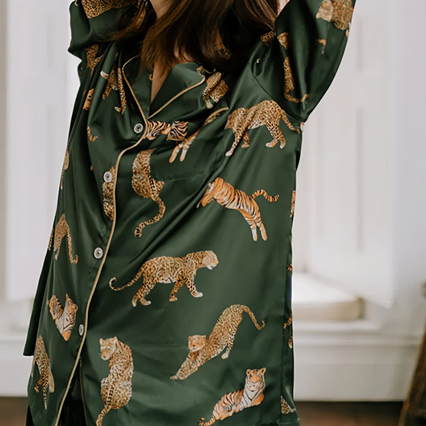 Anna-Kaci Lounge Women's Long Sleeve Button Front Pajama Set with Tiger Print and Satin Finish
