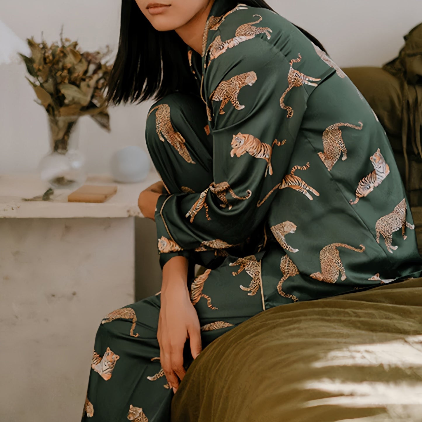 Anna-Kaci Lounge Women's Long Sleeve Button Front Pajama Set with Tiger Print and Satin Finish