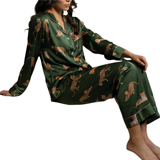 Anna-Kaci Lounge Women's Long Sleeve Button Front Pajama Set with Tiger Print and Satin Finish