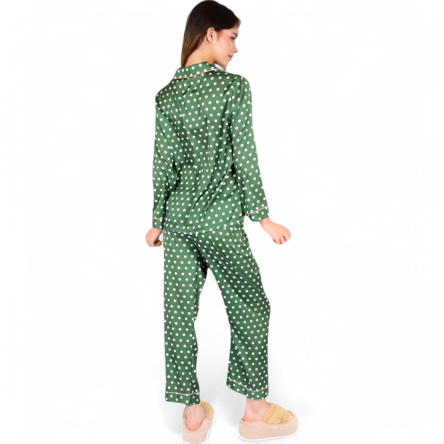 Anna-Kaci Women's Polka Dot Satin Pajama Set with Ruffled Cuffs and Piping Detail