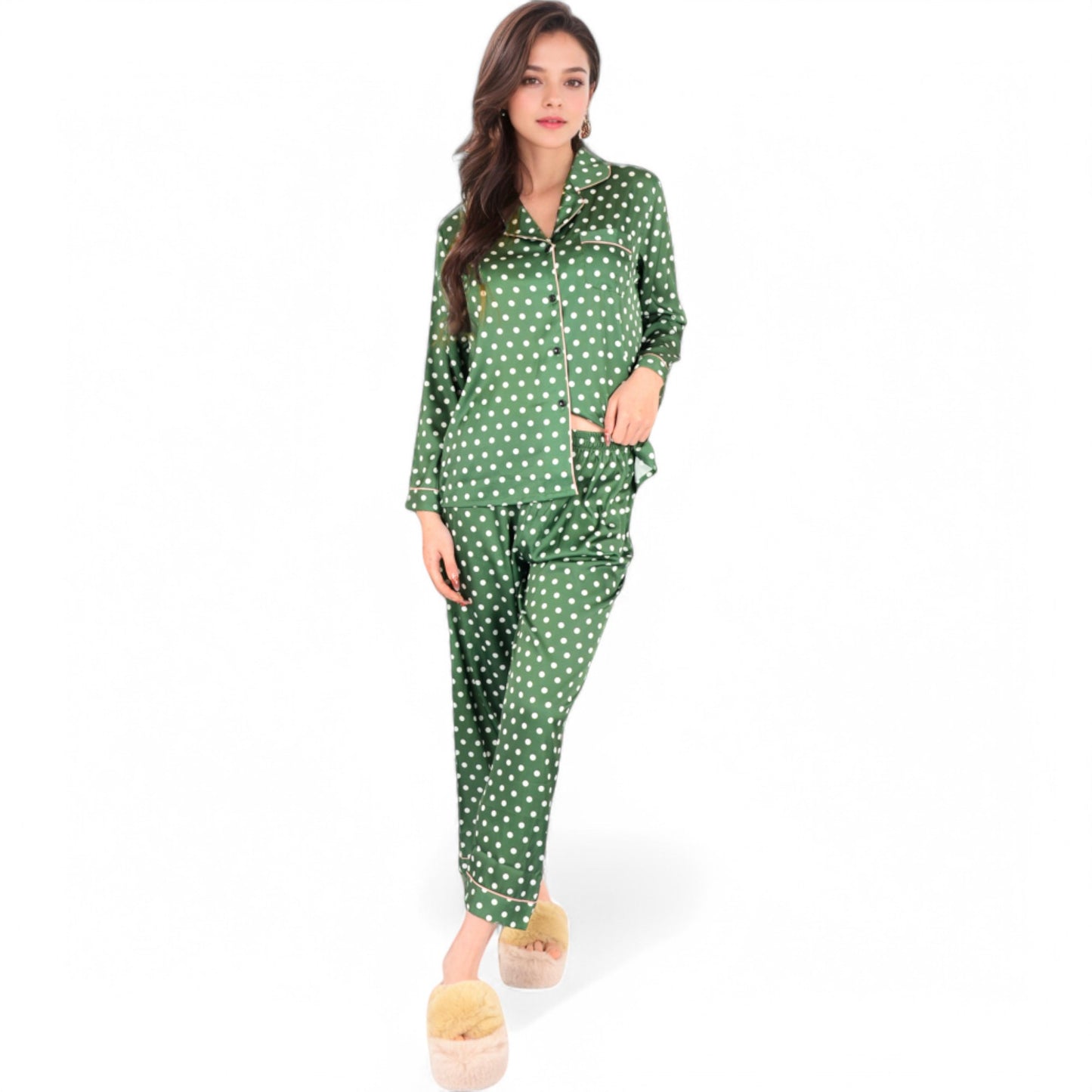 Anna-Kaci Women's Polka Dot Satin Pajama Set with Ruffled Cuffs and Piping Detail