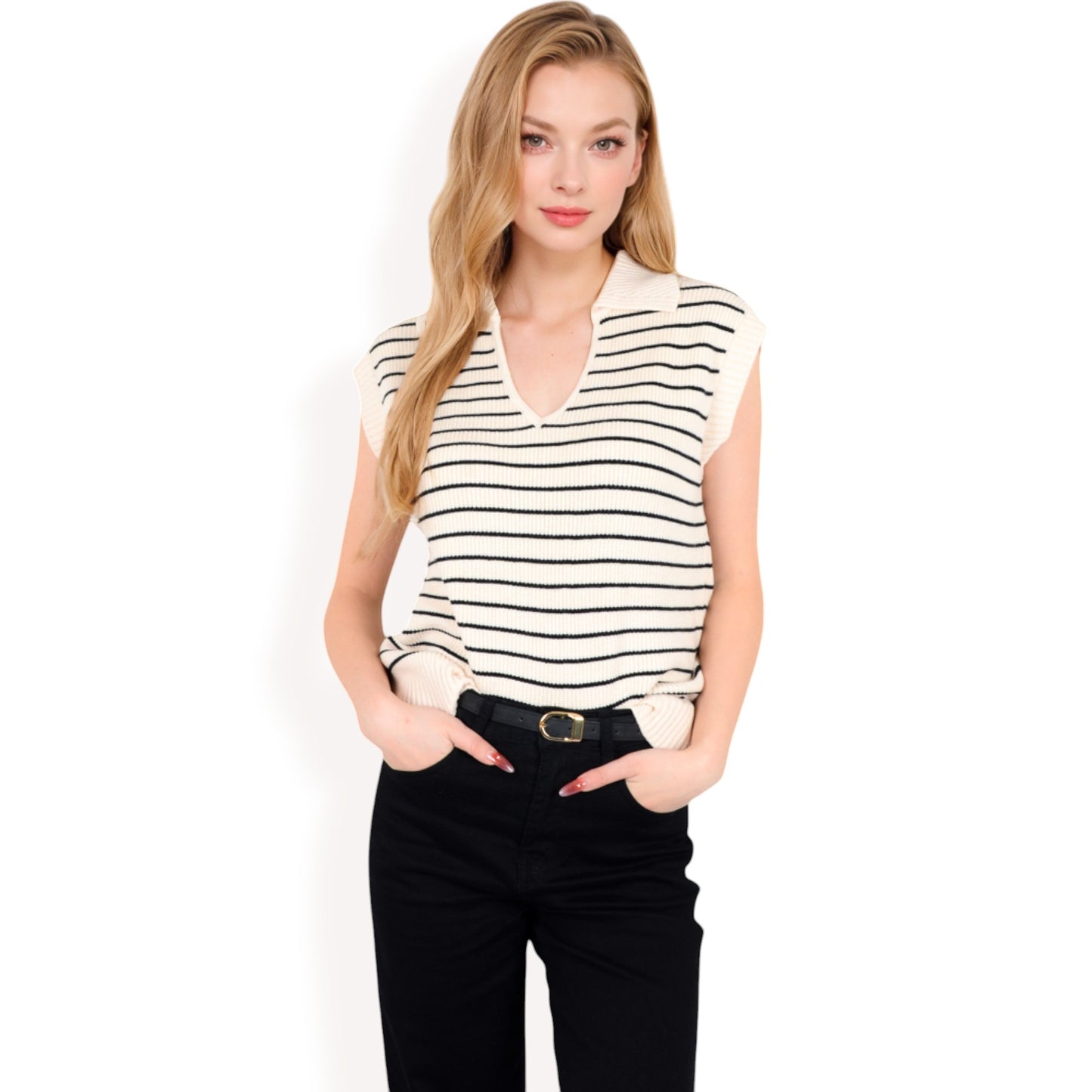 Anna-Kaci Women's Striped Knit Sleeveless Sweater Vest with Collared V-Neck