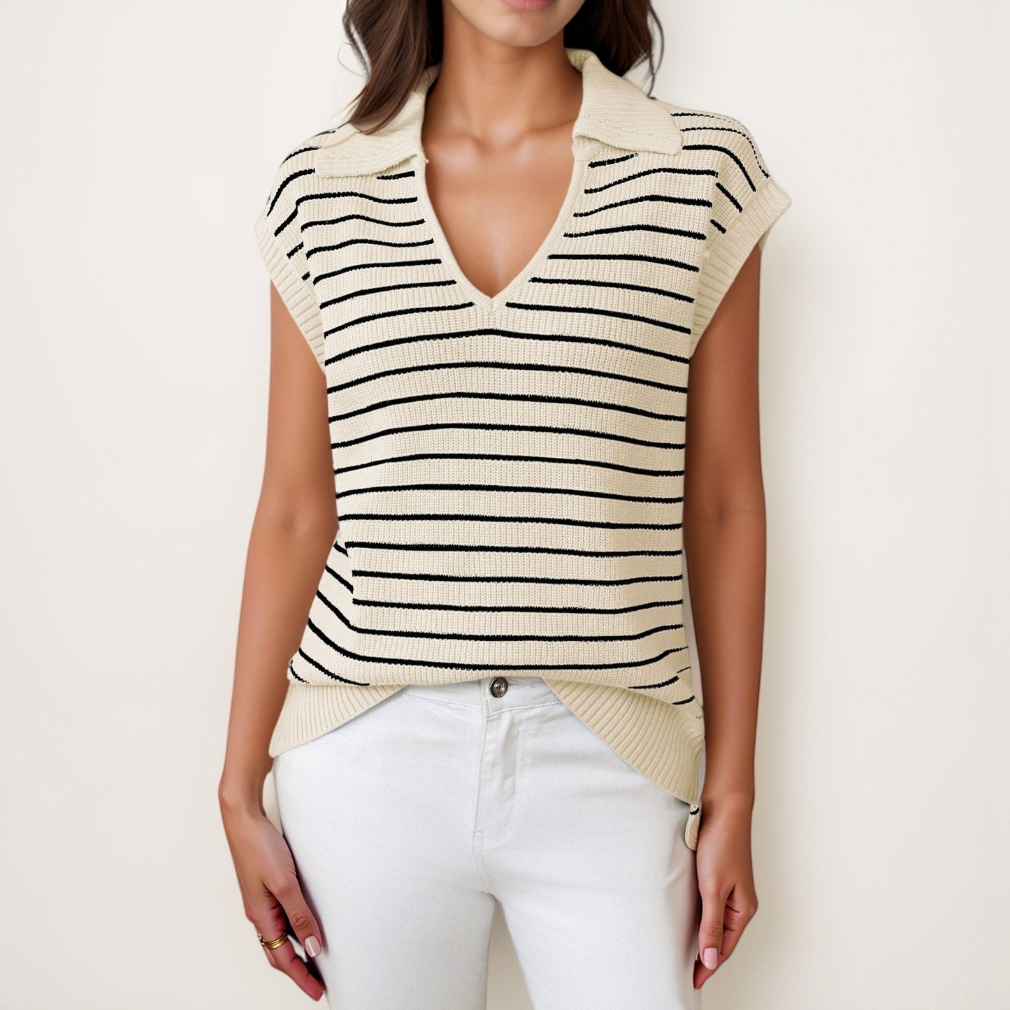 Anna-Kaci Women's Striped Collared Sleeveless Knit Top with Deep V-Neck and Ribbed Hem Detailing