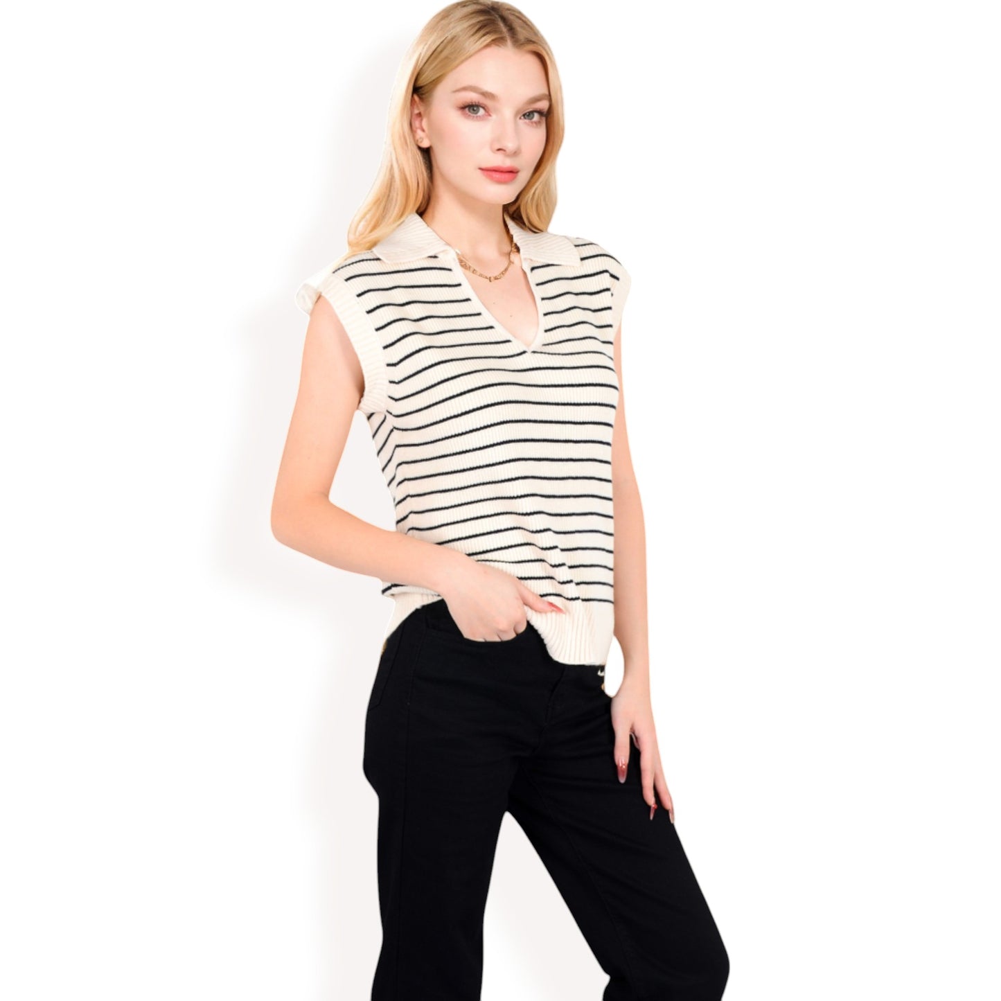 Anna-Kaci Women's Striped Knit Sleeveless Sweater Vest with Collared V-Neck