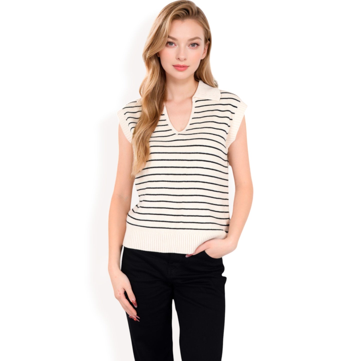 Anna-Kaci Women's Striped Knit Sleeveless Sweater Vest with Collared V-Neck