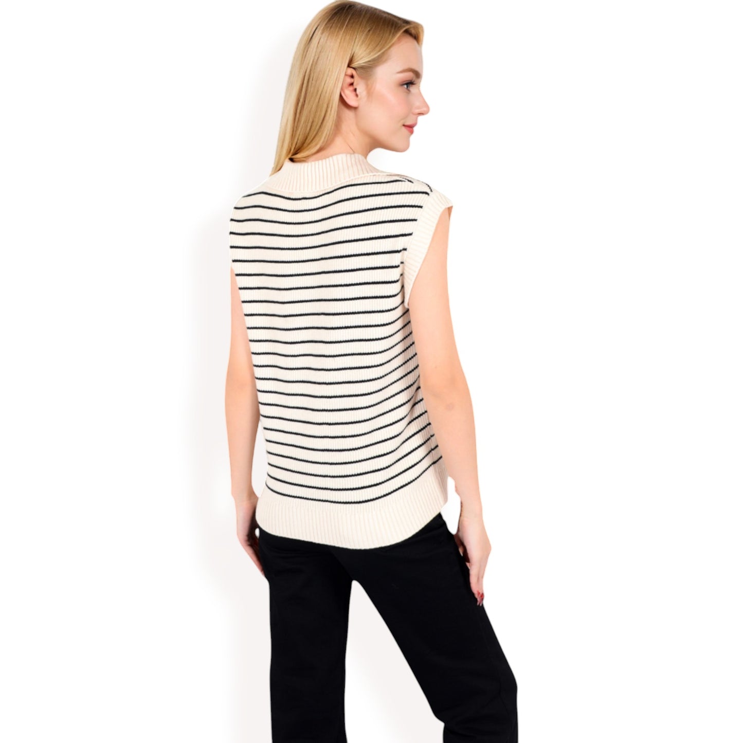 Anna-Kaci Women's Striped Knit Sleeveless Sweater Vest with Collared V-Neck