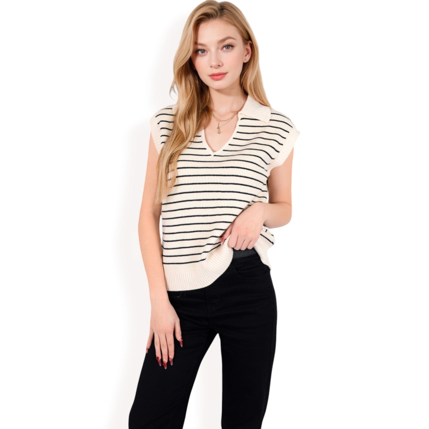 Anna-Kaci Women's Striped Knit Sleeveless Sweater Vest with Collared V-Neck